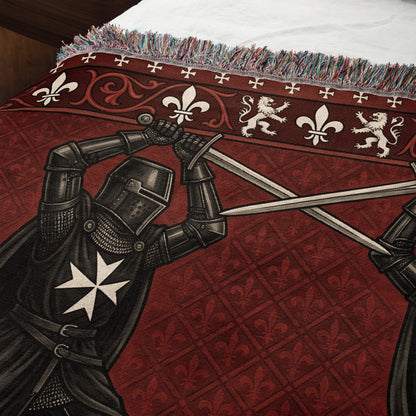 CalmNestStyle Black Knights Sword Duel on Red Damask Woven Blanket jacquard woven blanket