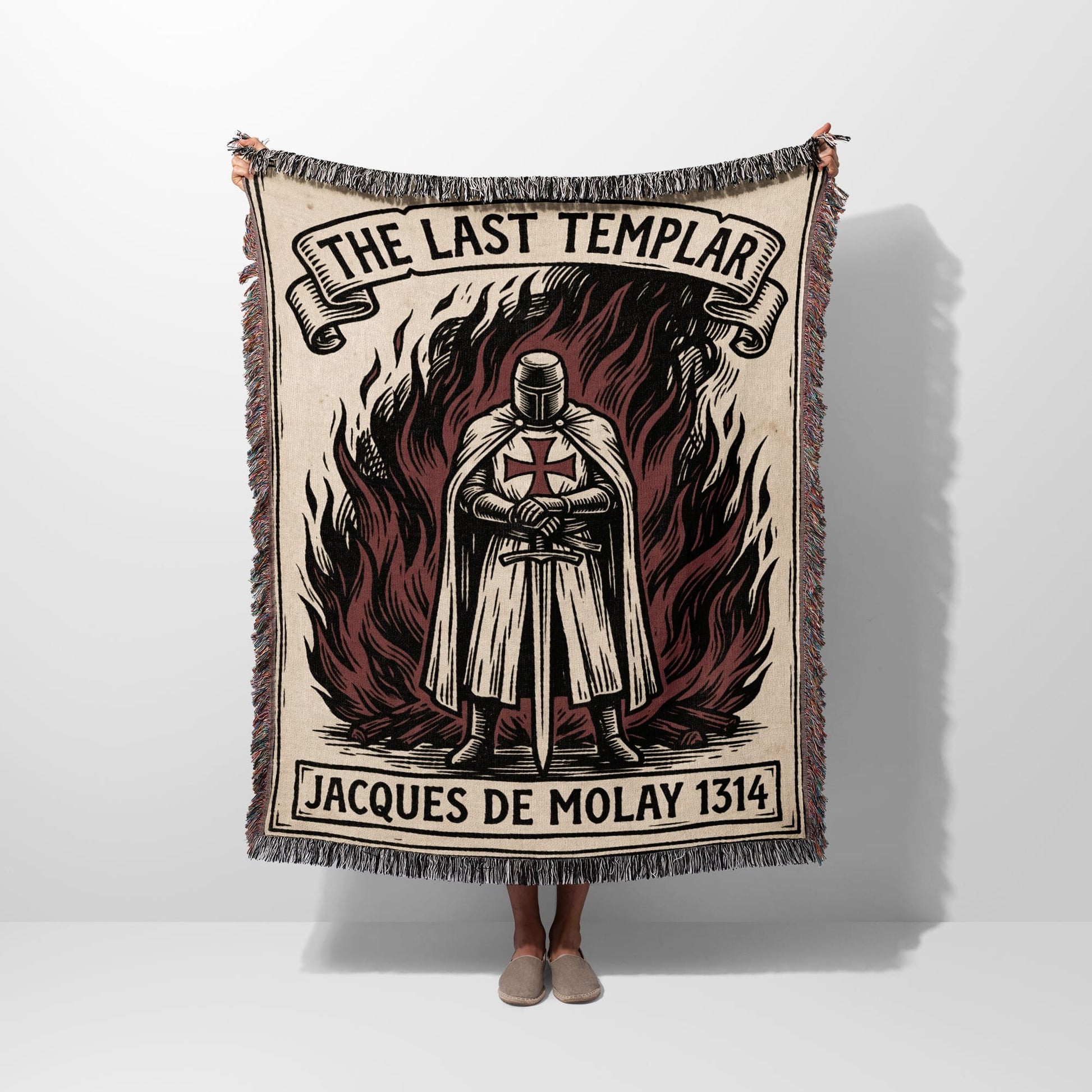 Knights Templar blanket featuring Jacques de Molay and flames.