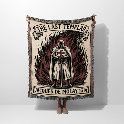 Knights Templar blanket featuring Jacques de Molay and flames.