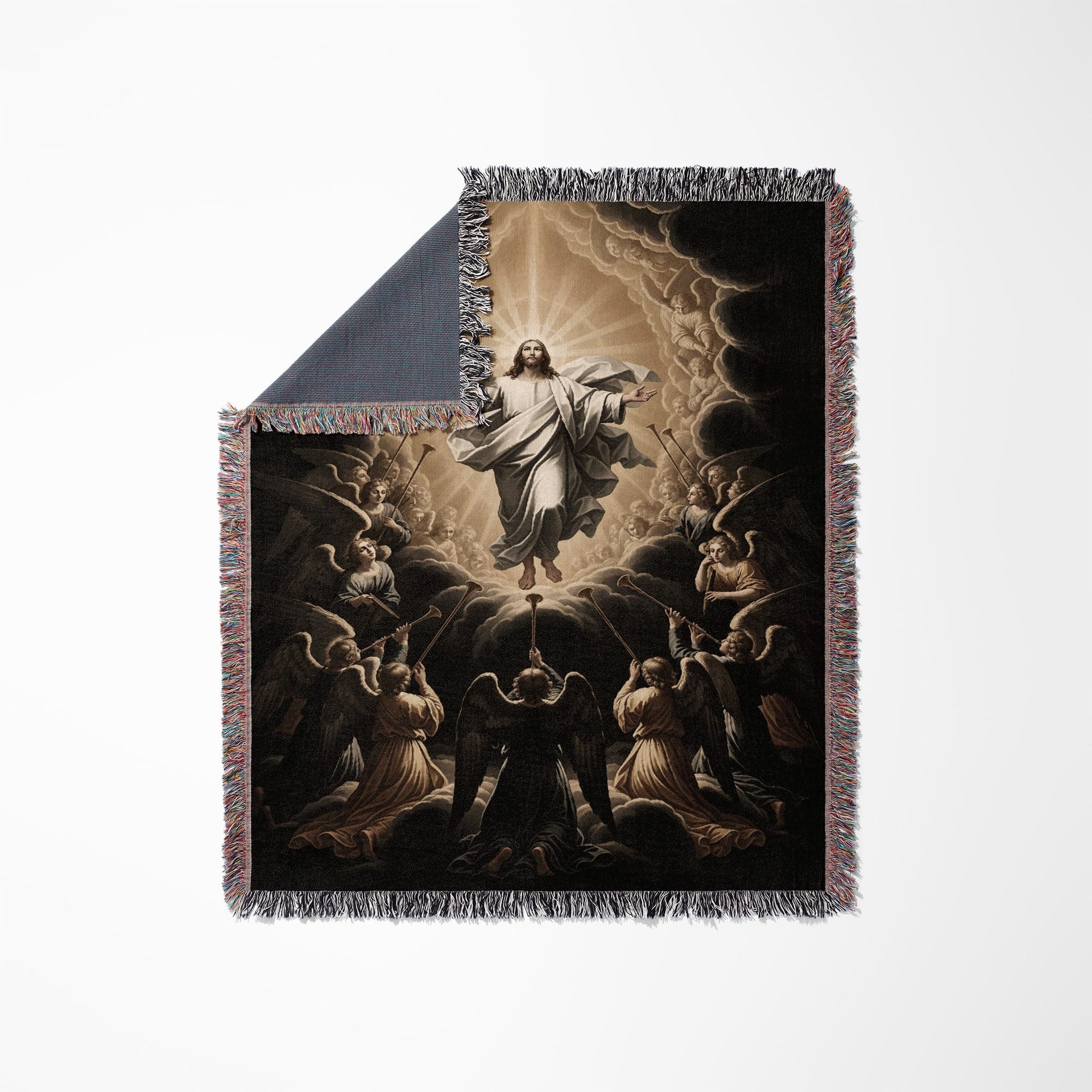 Jesus ascends to heaven surrounded by angels, with fringed edges.