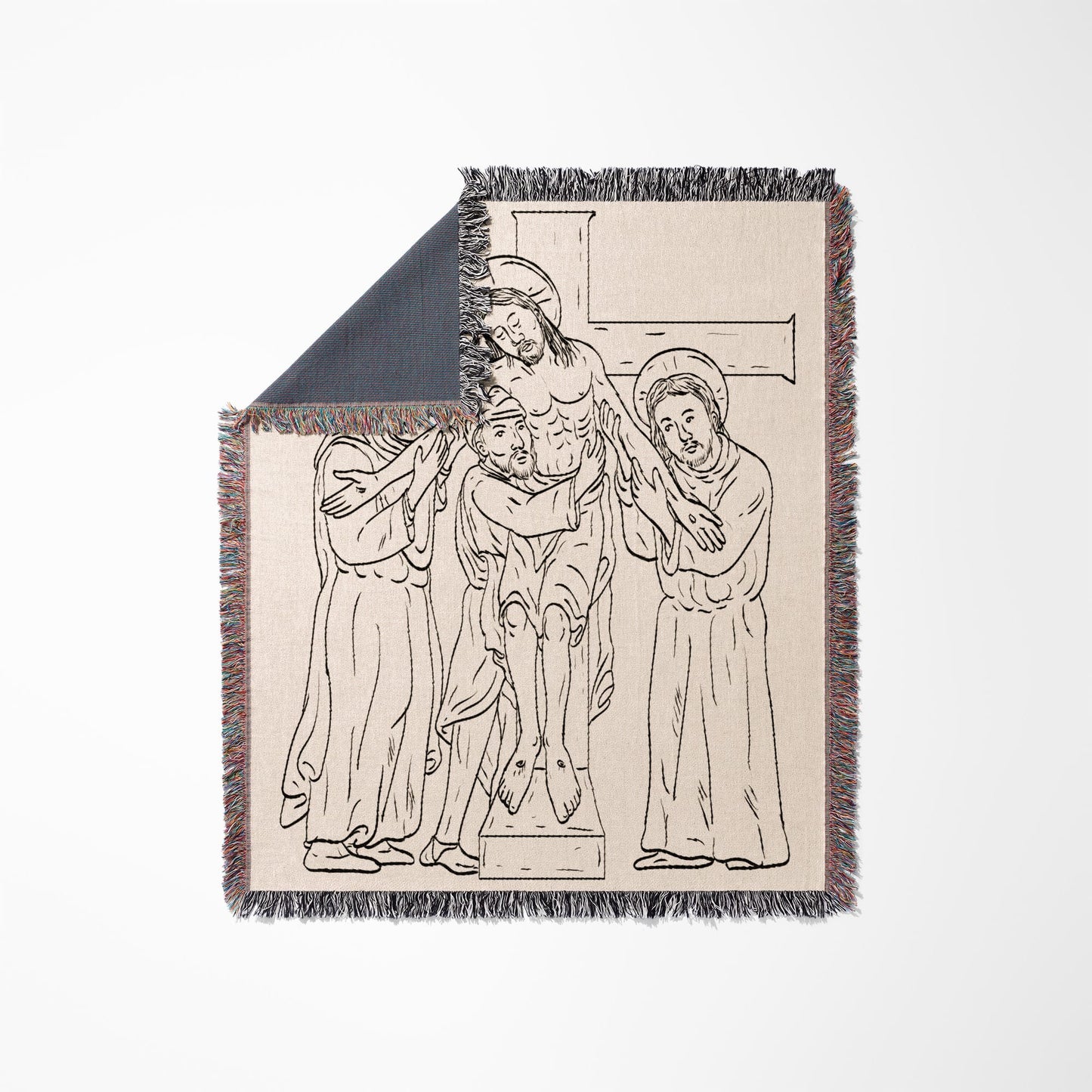 Line drawing of Jesus being removed from the cross on a woven blanket.