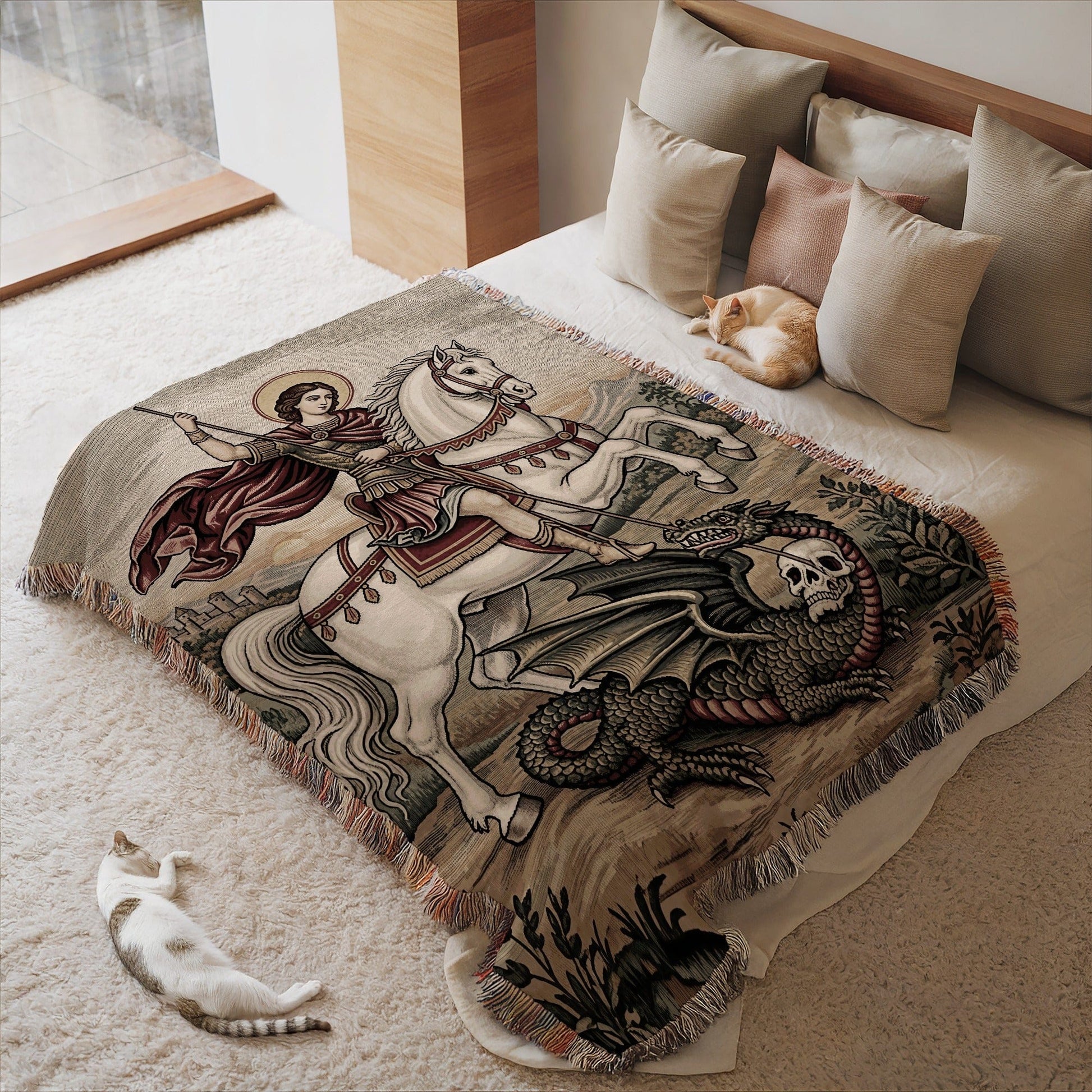 Medieval Knight and Dragon Woven Tapestry Fabric Blanket