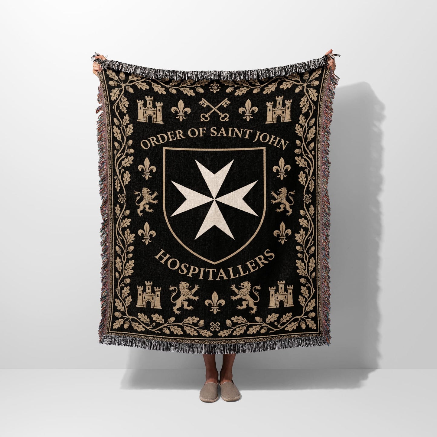 Black Order of Saint John Hospitallers crest blanket with knights and lions.