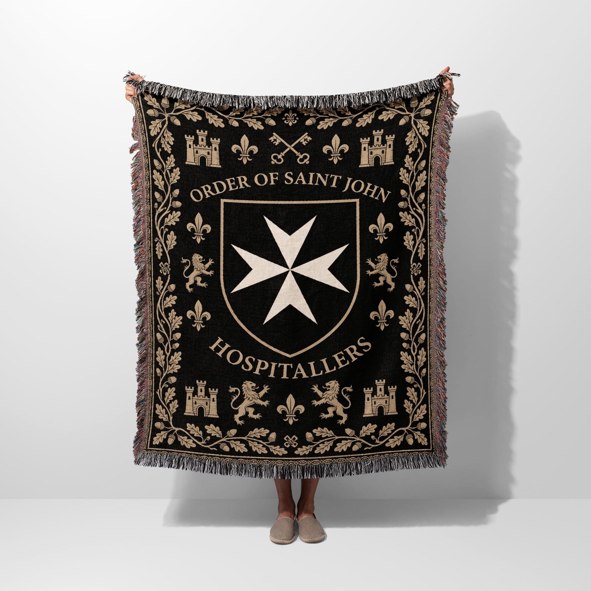 Black Order of Saint John Hospitallers crest blanket with knights and lions.
