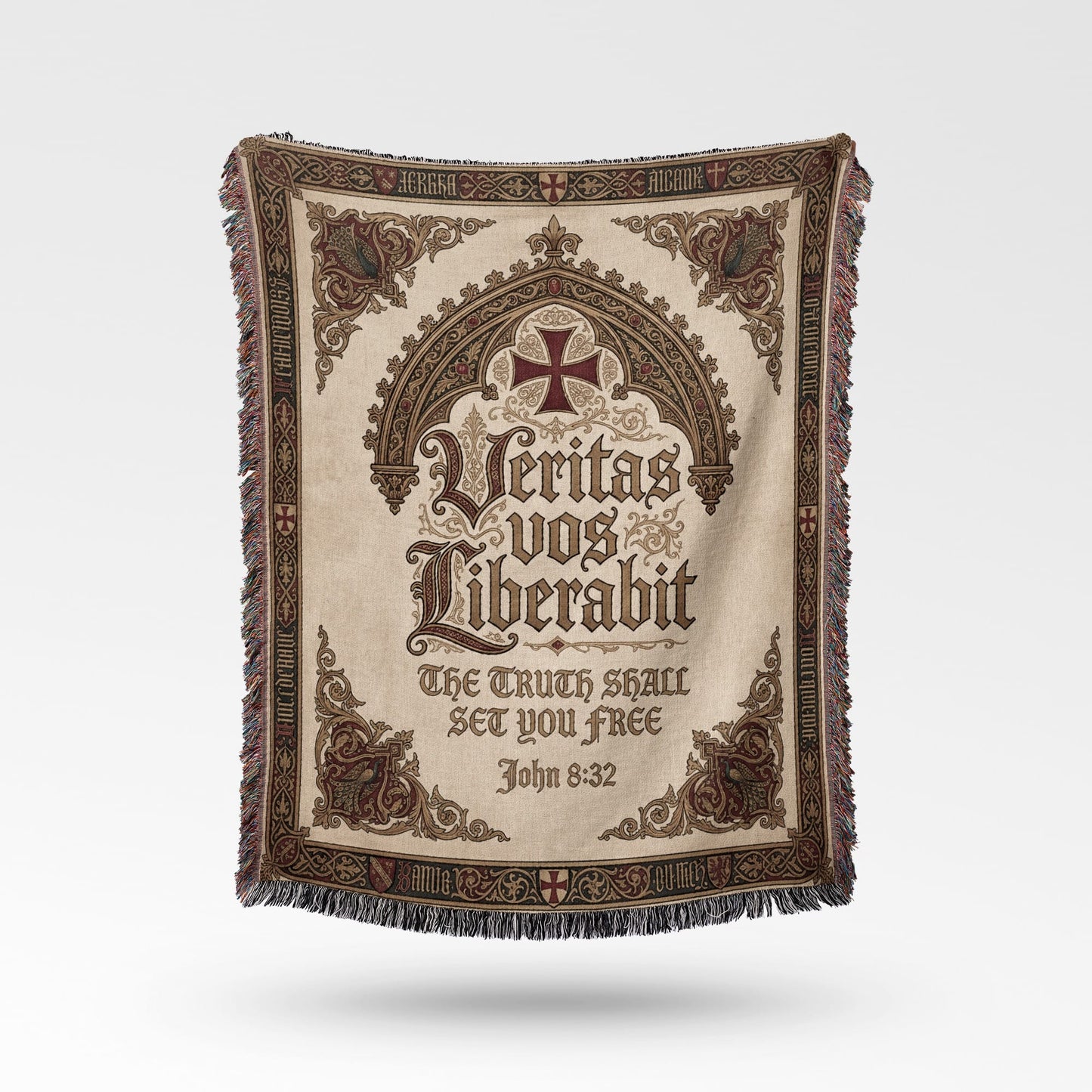 Woven tapestry blanket with Latin and English inscription "Veritas vos Liberabit" and John 8:32.