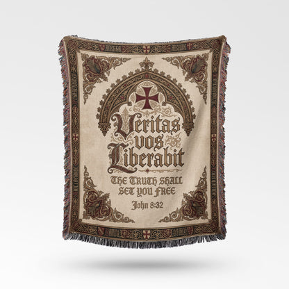 Woven tapestry blanket with Latin and English inscription "Veritas vos Liberabit" and John 8:32.