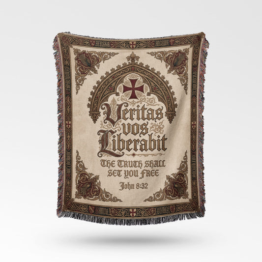 Woven tapestry blanket with Latin and English inscription "Veritas vos Liberabit" and John 8:32.