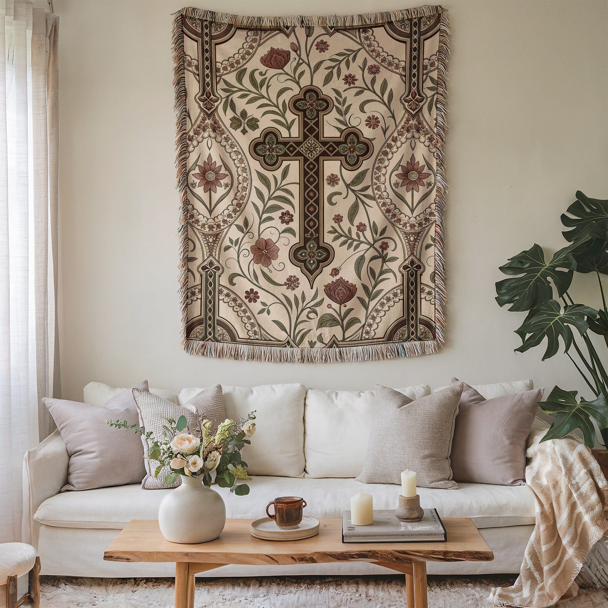 Floral Cross Patterned Tapestry Wall Hanging Decor