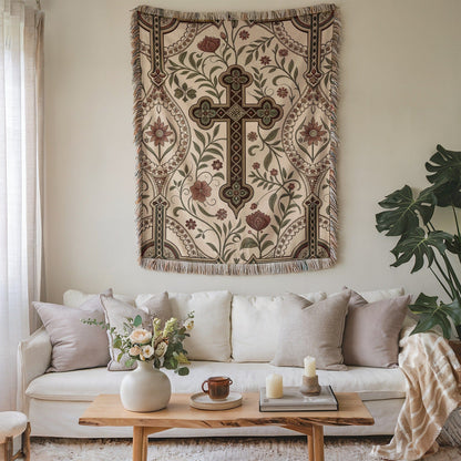 Floral Cross Patterned Tapestry Wall Hanging Decor