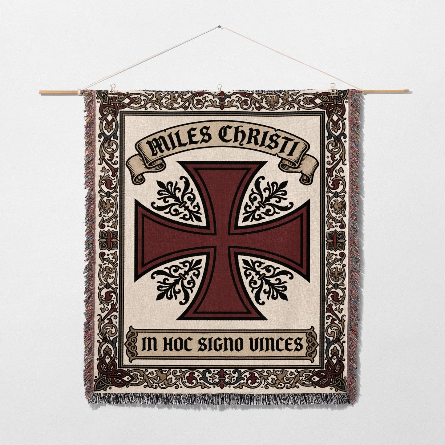 Knights Templar cross tapestry with "Miles Christi" and "In Hoc Signo".