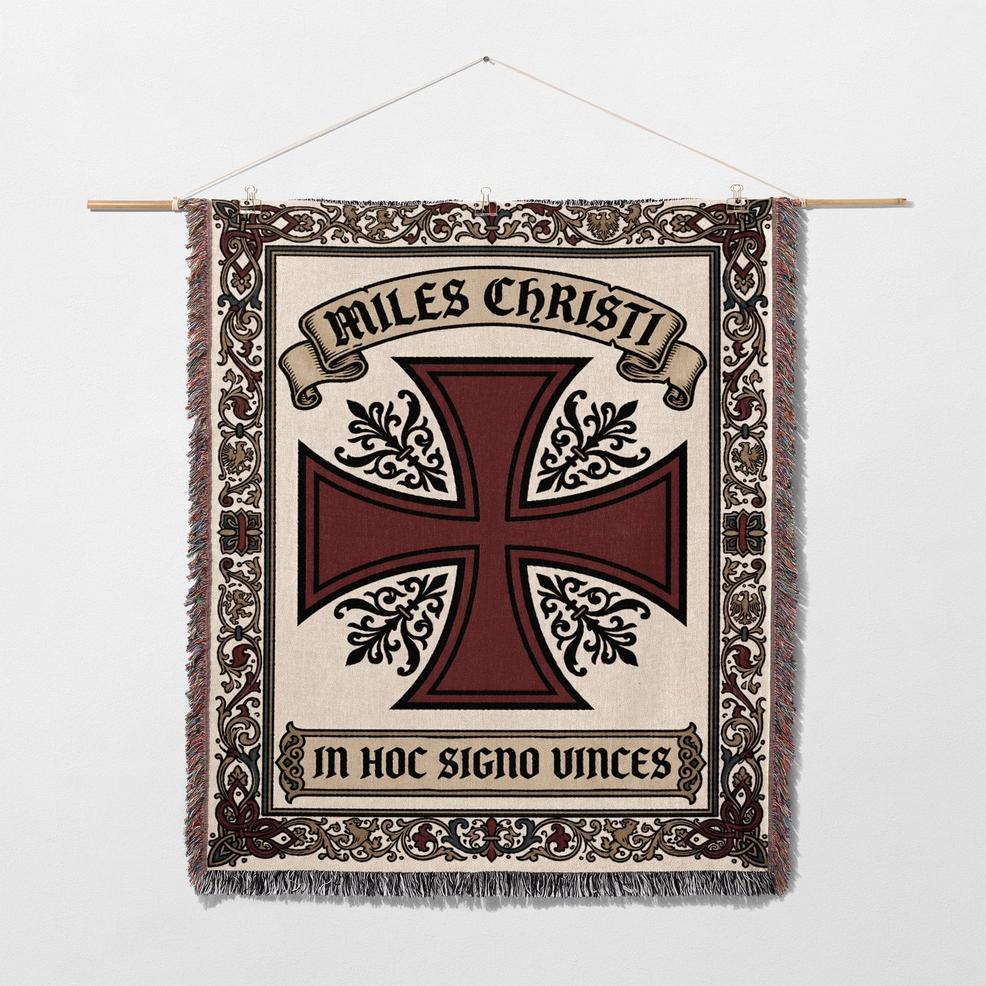 Knights Templar cross tapestry with "Miles Christi" and "In Hoc Signo".
