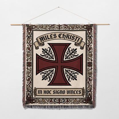 Knights Templar cross tapestry with "Miles Christi" and "In Hoc Signo".