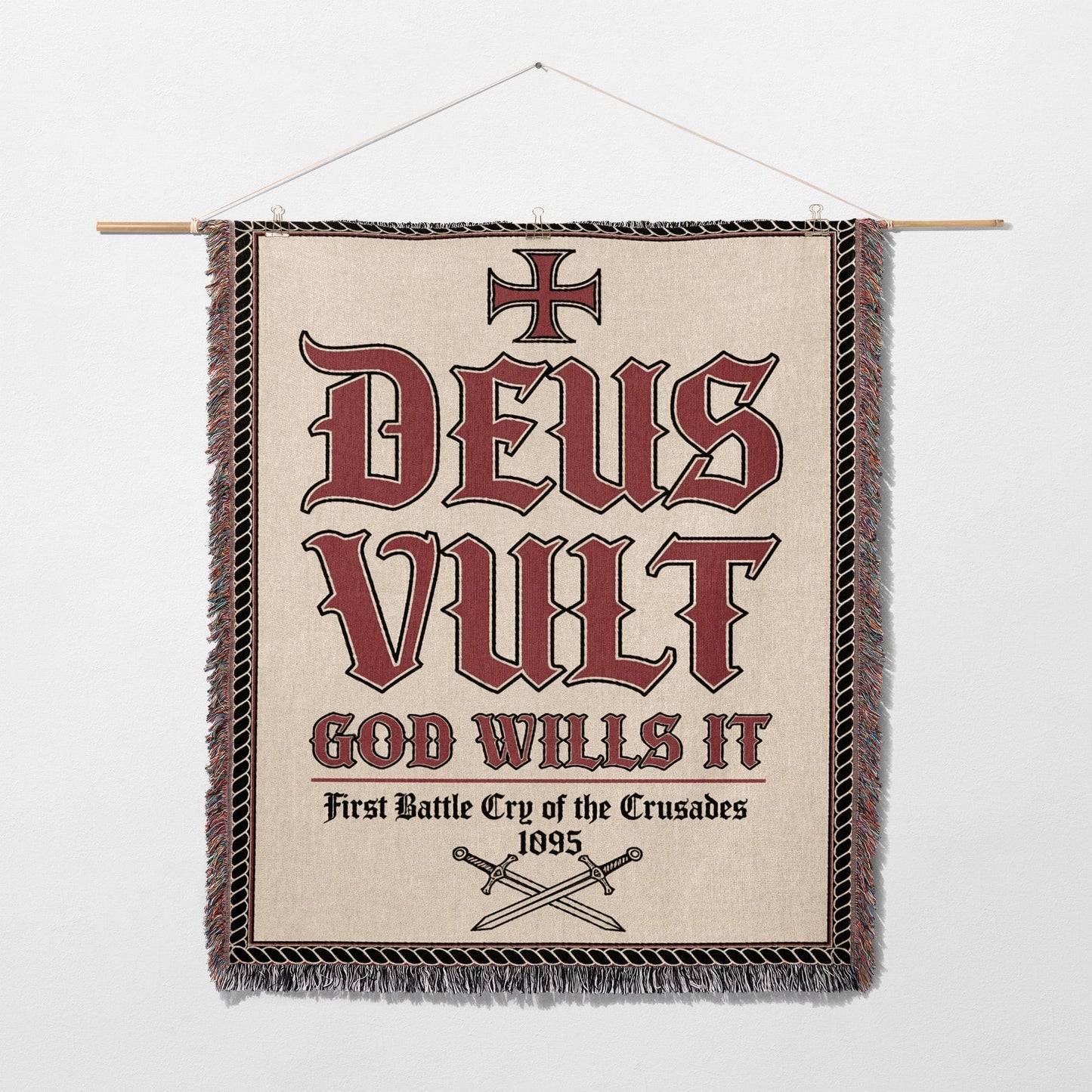 Tapestry with "Deus Vult God Wills It 1095" and crossed swords.