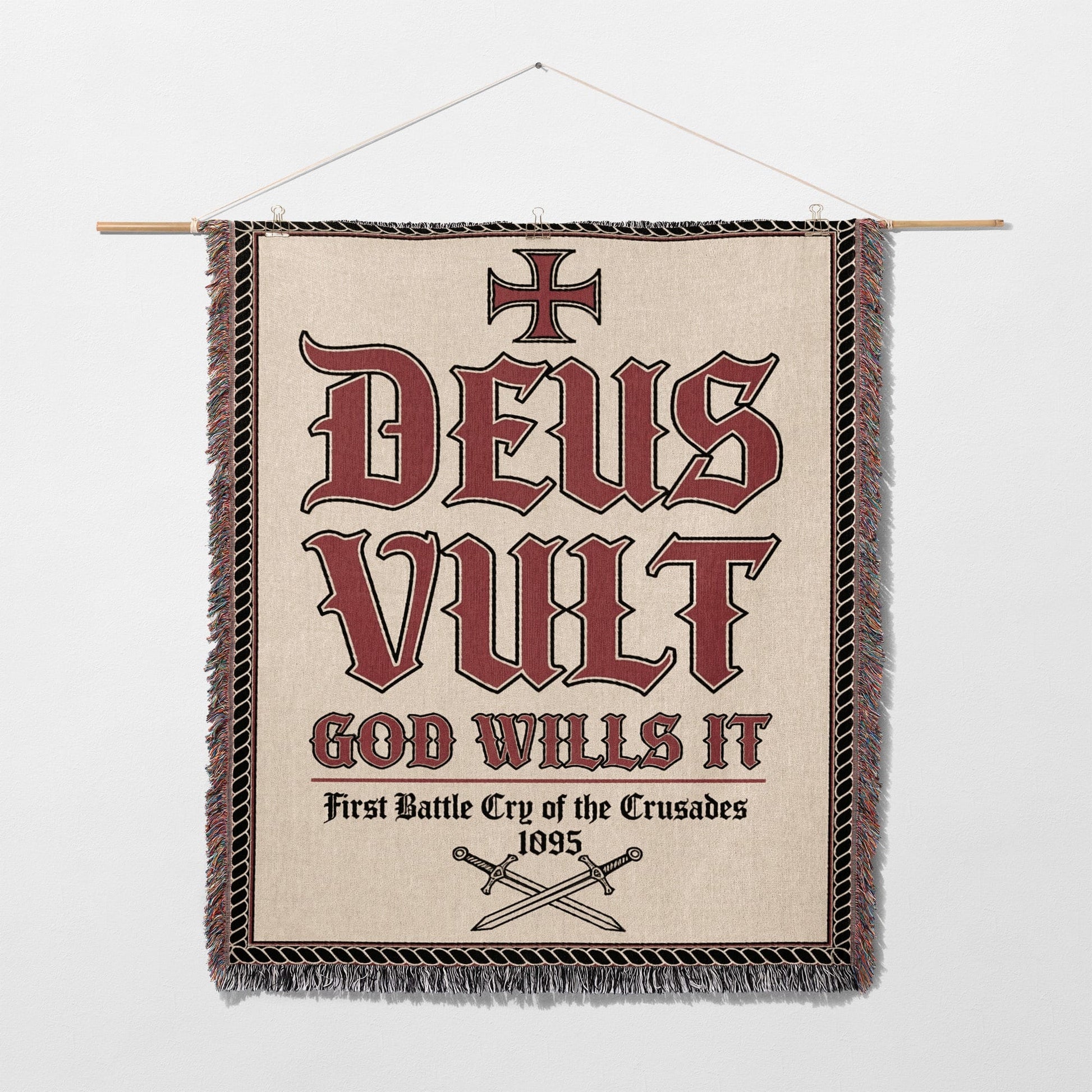 Tapestry with "Deus Vult God Wills It 1095" and crossed swords.