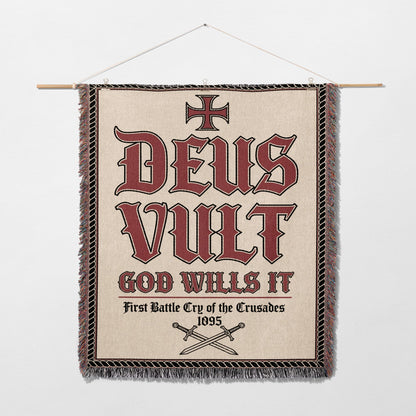Tapestry with "Deus Vult God Wills It 1095" and crossed swords.