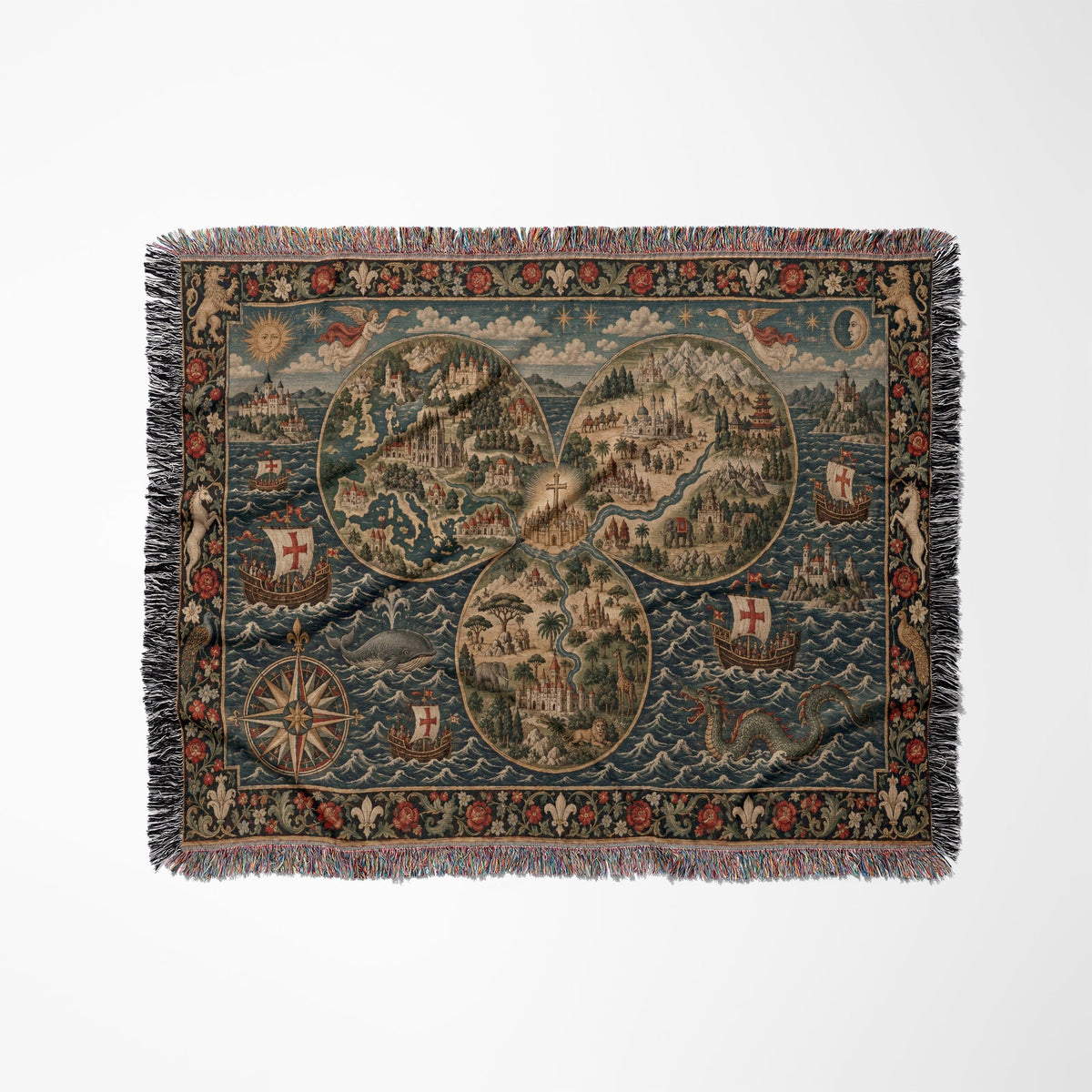 CalmNestStyle Mappa Mundi I Floral Border jacquard woven blanket