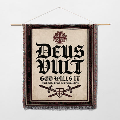 Deus Vult tapestry with crossed swords and crosses, hanging on a wall.
