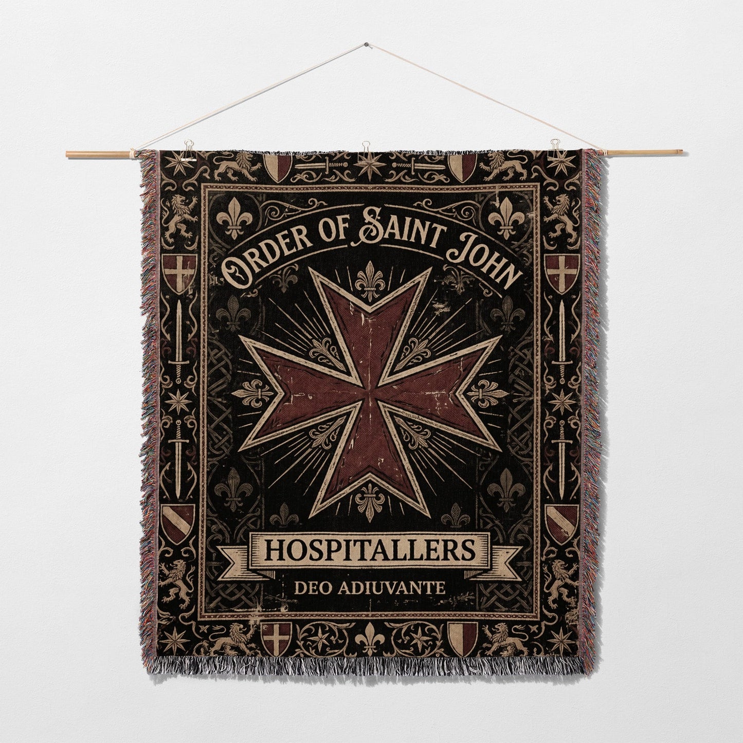 Order of Saint John Hospitallers tapestry with a red Maltese cross.