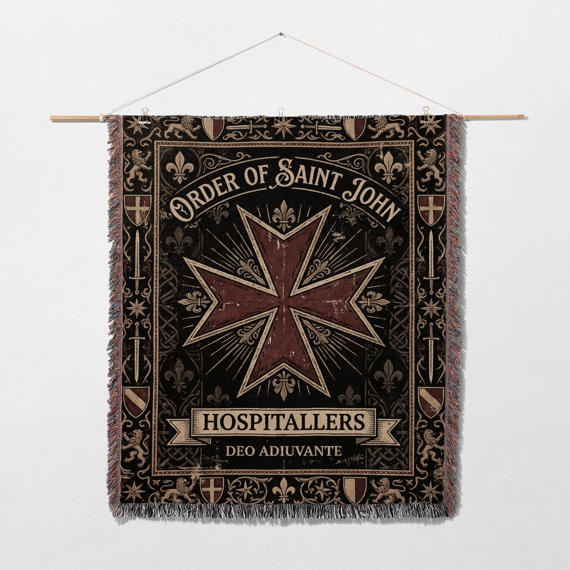 Order of Saint John Hospitallers tapestry with a red Maltese cross.
