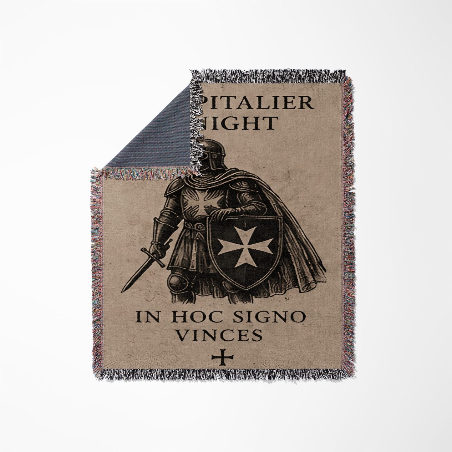 Tapestry with knight and text "IN HOC SIGNO VINCES" and cross.