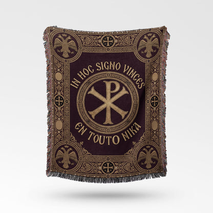 Brown blanket with a gold Chi Rho symbol and Latin text "In Hoc Signo Vinces."