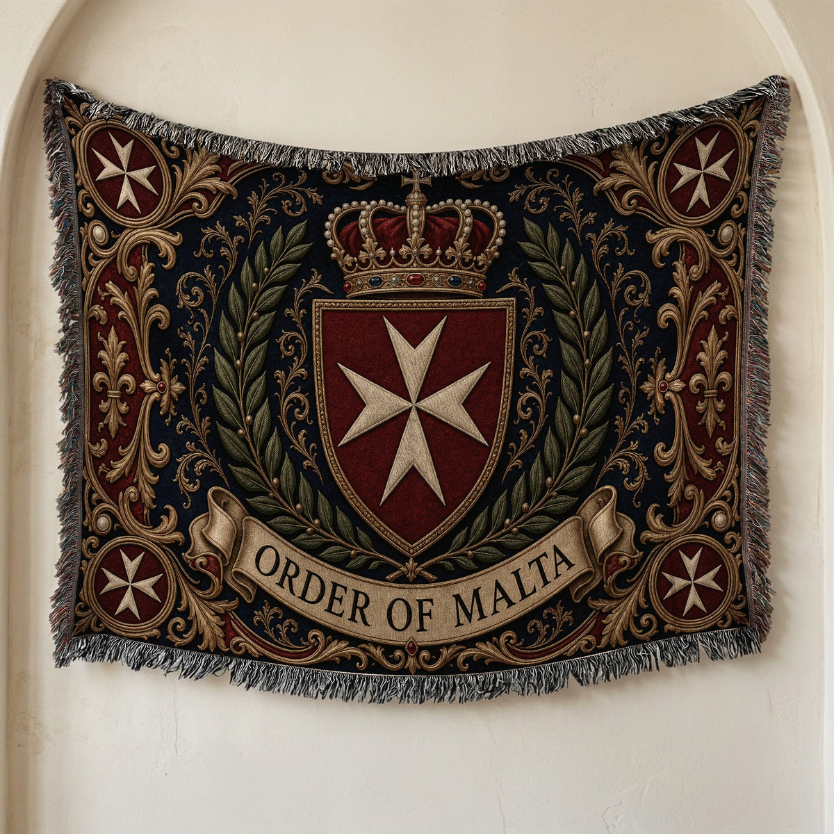 CalmNestStyle Order of Malta Crowned Crest Navy Laurel Woven Blanket jacquard woven blanket
