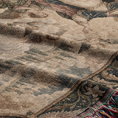 A folded woven tapestry featuring a historical illustration in muted earth tones with a fringed edge.