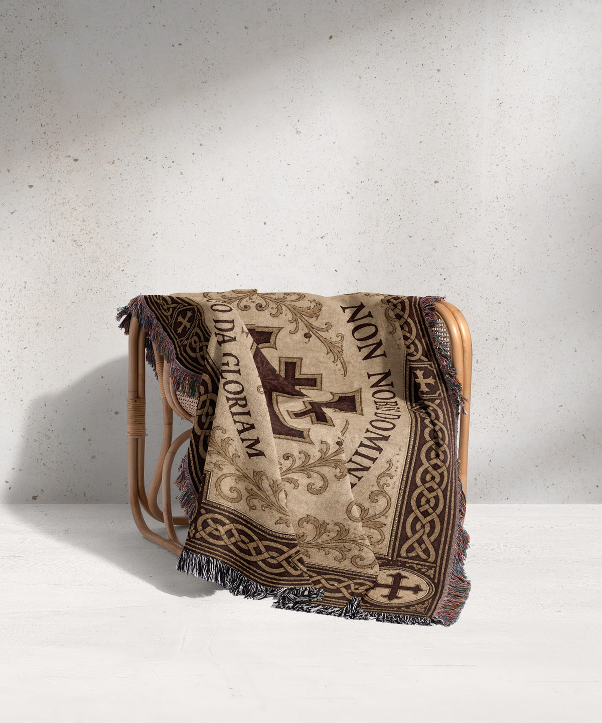 MyDesigns Medieval Tapestry Blanket – Non Nobis Domine Jerusalem Cross Woven Throw, Parchment Gold jacquard woven blanket