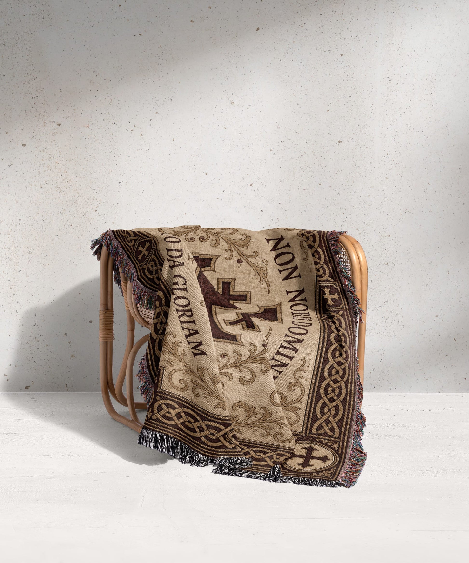 MyDesigns Medieval Tapestry Blanket – Non Nobis Domine Jerusalem Cross Woven Throw, Parchment Gold jacquard woven blanket