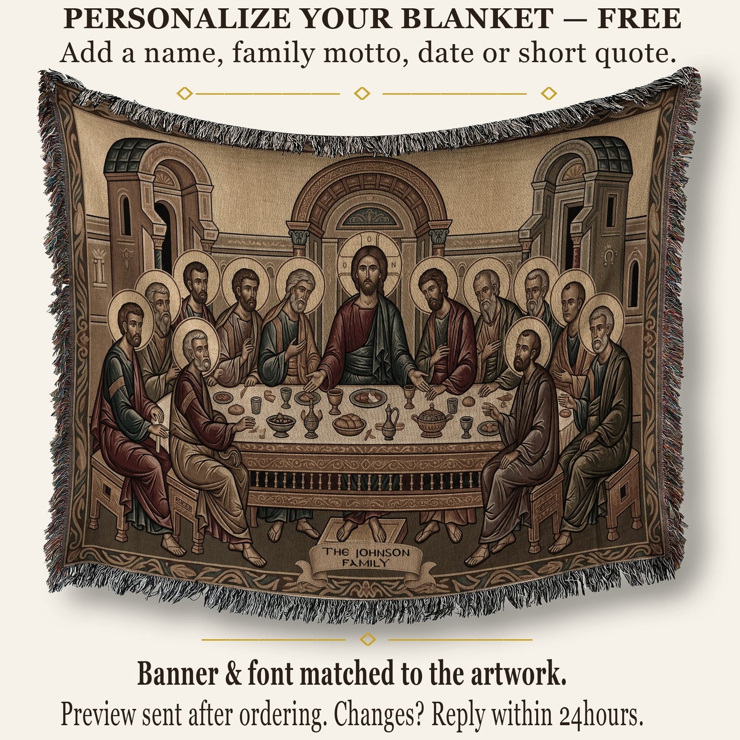 MyDesigns Warm Gold Last Supper Horizontal Tapestry - Byzantine Icon jacquard woven blanket