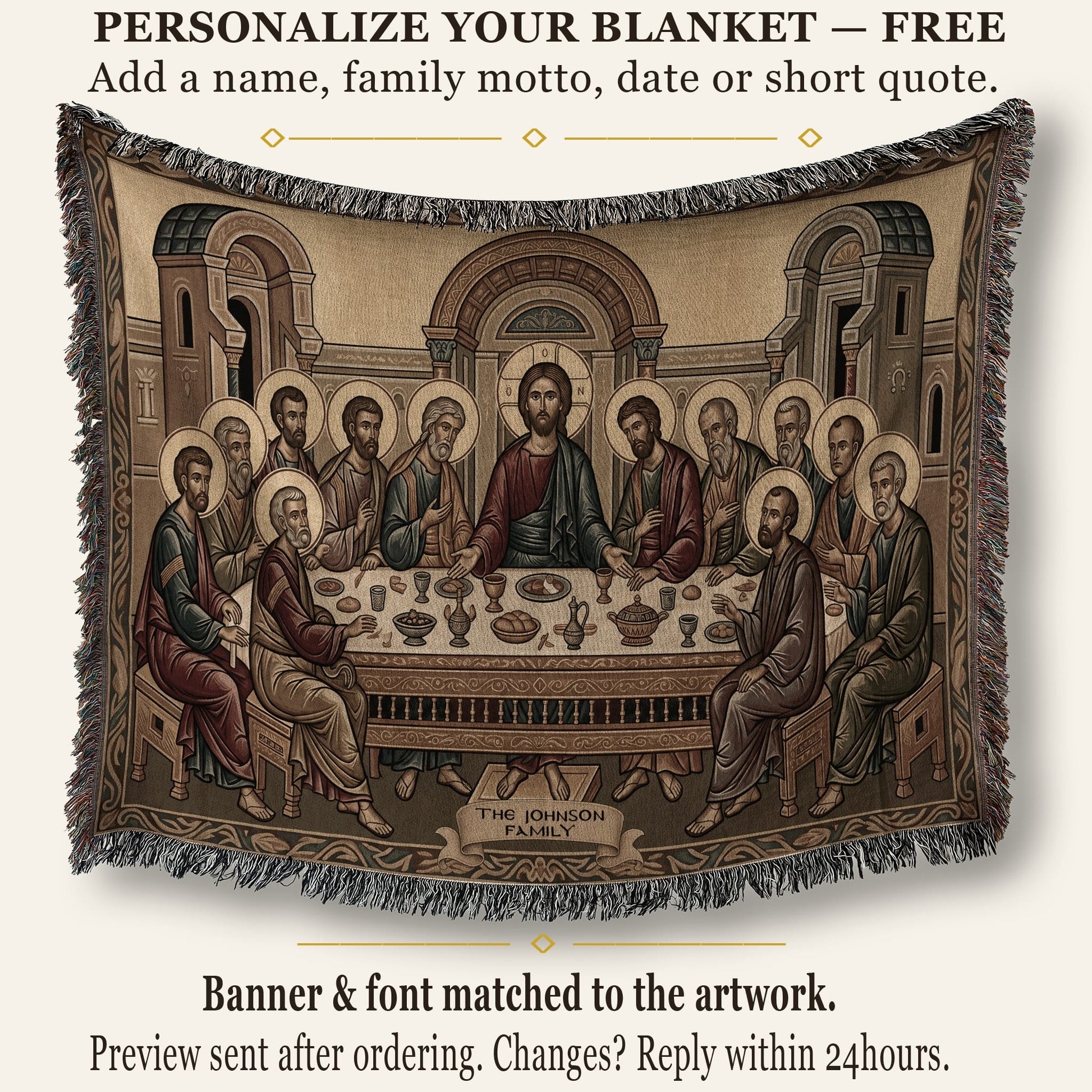 MyDesigns Warm Gold Last Supper Horizontal Tapestry - Byzantine Icon jacquard woven blanket