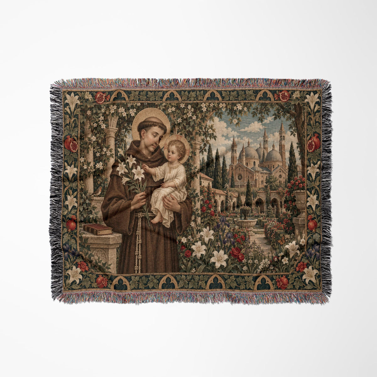 Woven tapestry throw featuring Saint Anthony holding the Christ Child amidst a garden and cathedral backdrop.