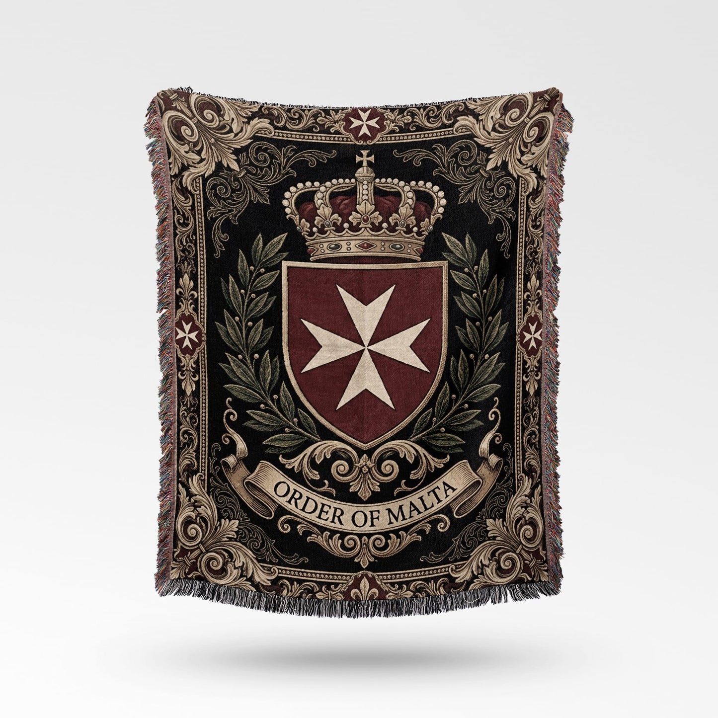 Black tapestry with Order of Malta emblem, crown, and ornate border.