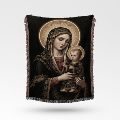 Religious blanket depicting the Virgin Mary holding the baby Jesus.