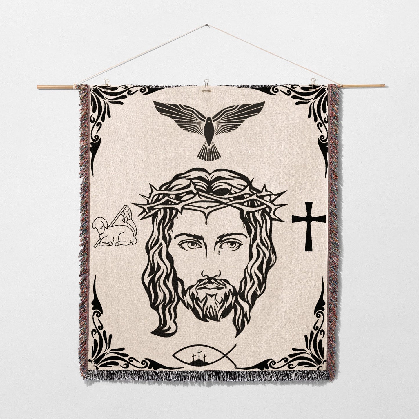 Jesus Christ's face with crown of thorns, dove, lamb, fish, and cross symbols.