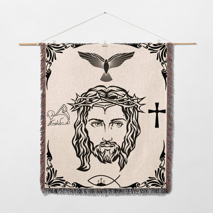 Jesus Christ's face with crown of thorns, dove, lamb, fish, and cross symbols.
