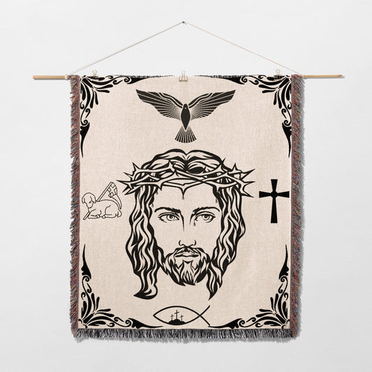 Jesus Christ's face with crown of thorns, dove, lamb, fish, and cross symbols.