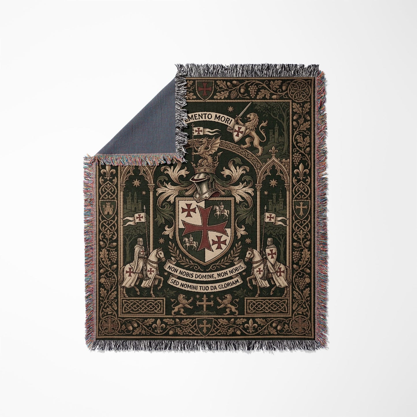 Fringed woven tapestry featuring a crest, knights, lions, and Latin text.