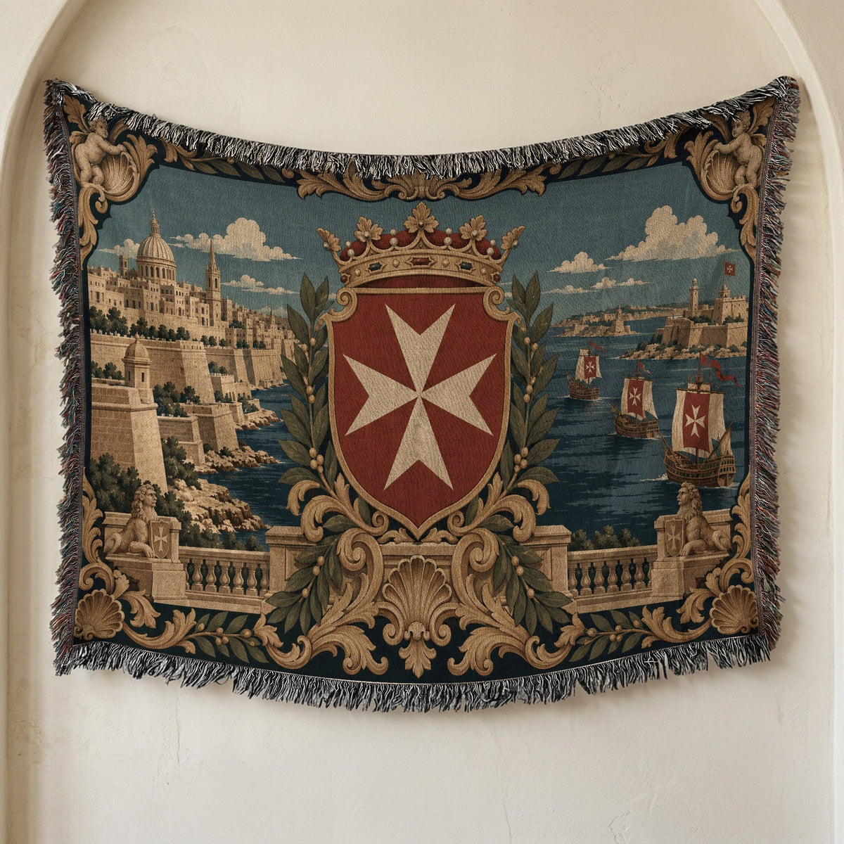 CalmNestStyle Valletta Harbor with Crowned Hospitaller Shield Woven Blanket jacquard woven blanket