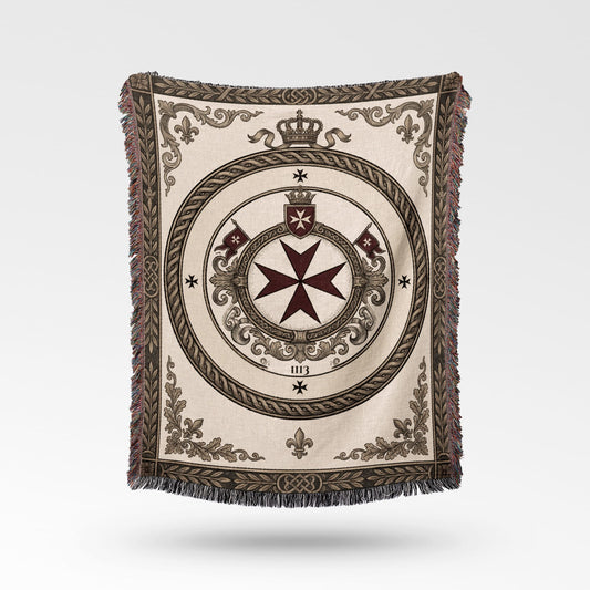 Woven blanket with cream border, crown, and Maltese cross emblem.