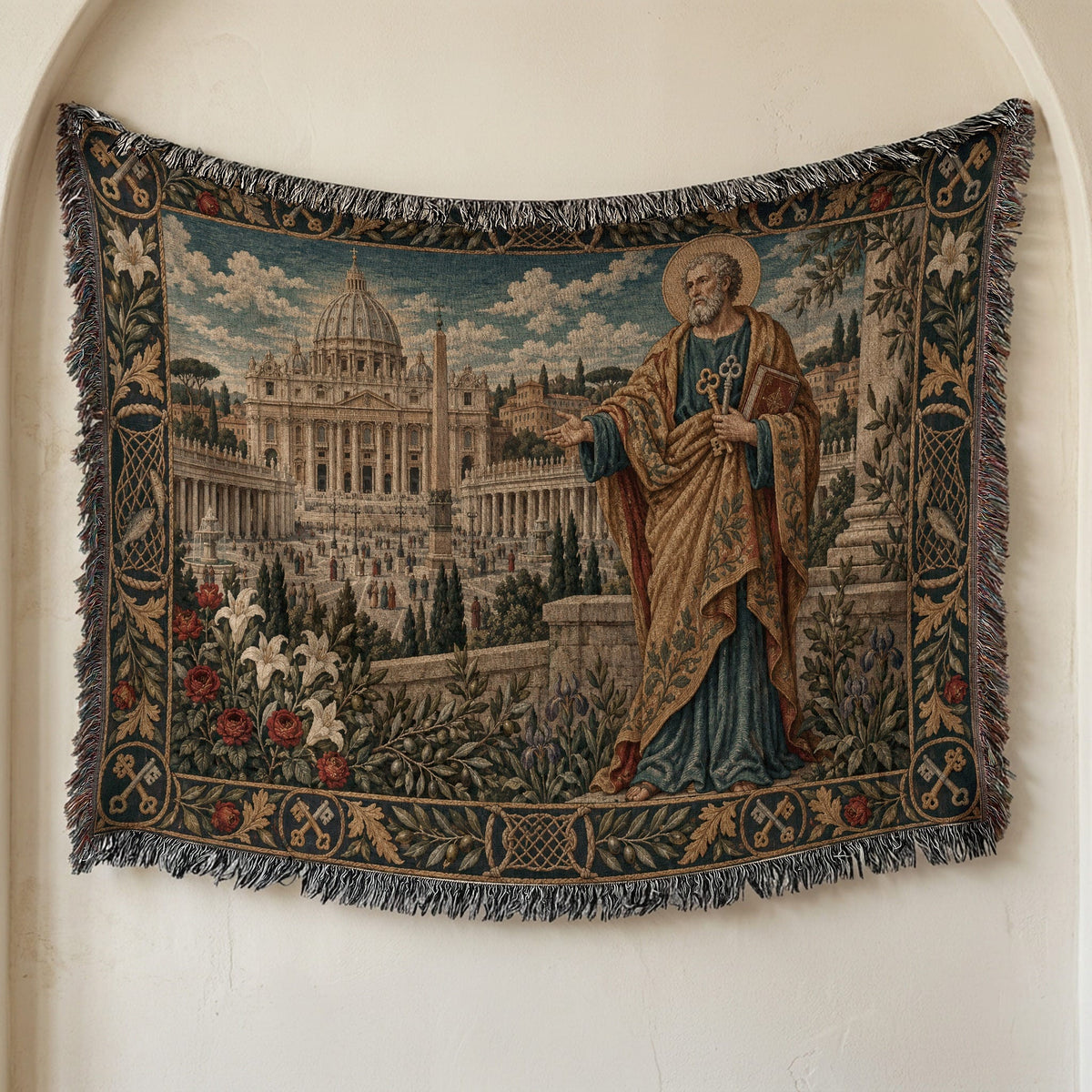 Woven tapestry hanging on a wall, depicting Saint Peter before St. Peter's Basilica.