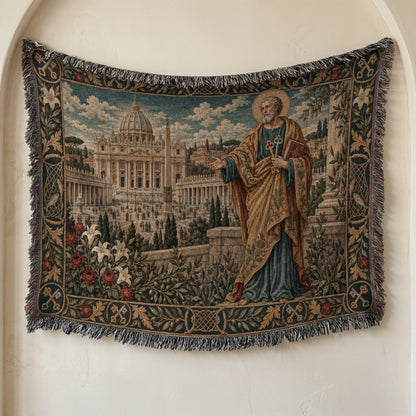 Woven tapestry hanging on a wall, depicting Saint Peter before St. Peter's Basilica.