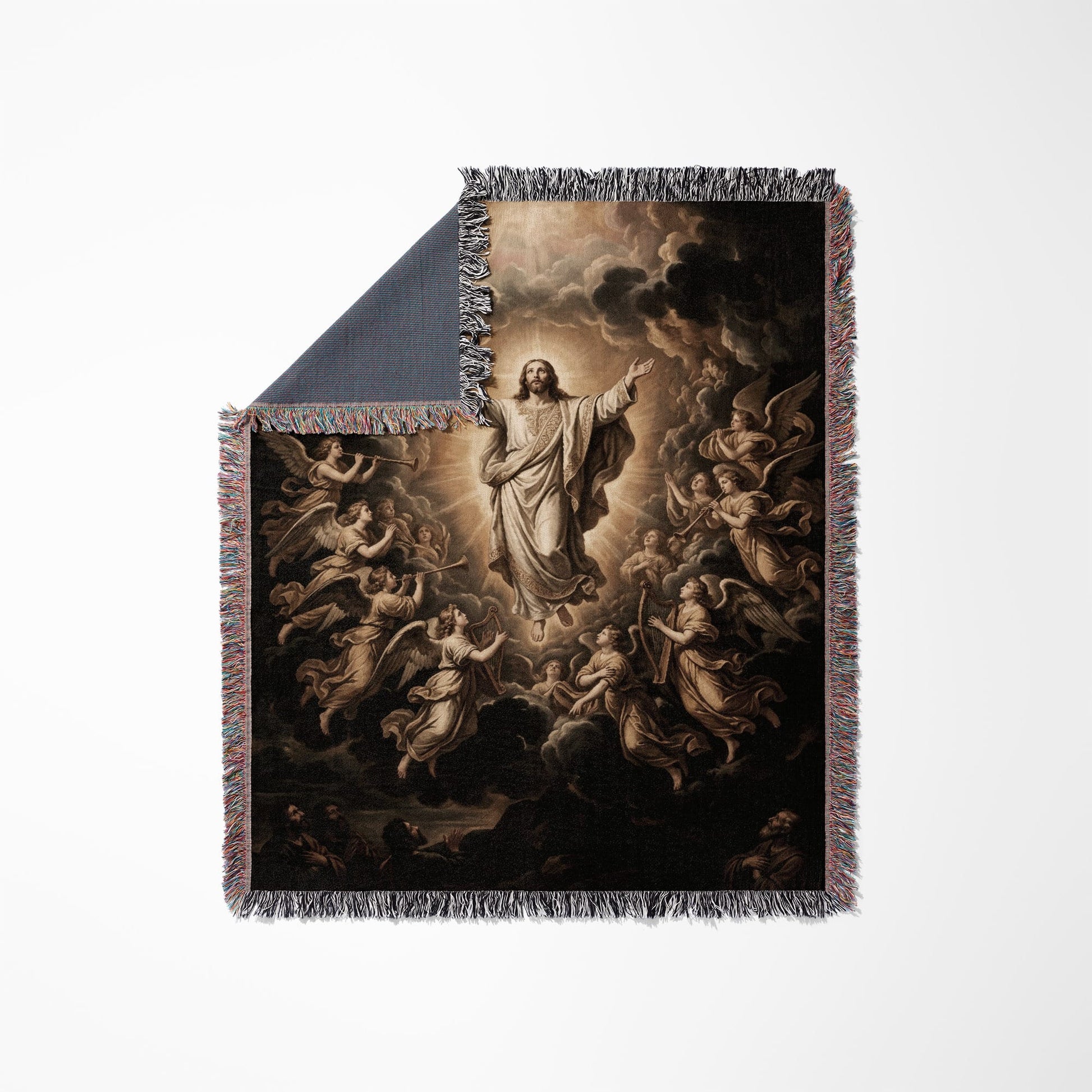 Jesus ascending to heaven surrounded by angels on a blanket.