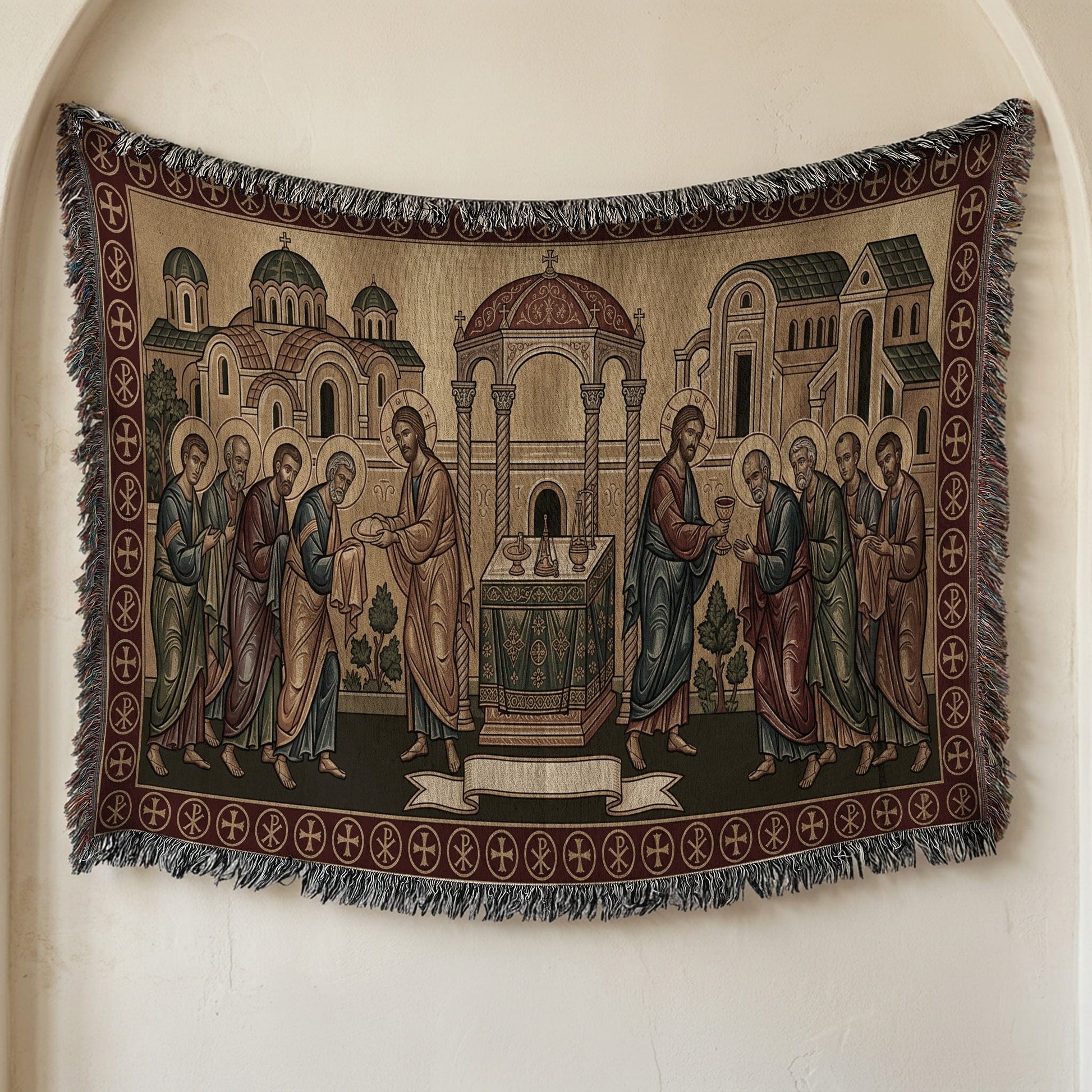 MyDesigns Gold Communion of Apostles Horizontal Tapestry - Byzantine Icon jacquard woven blanket
