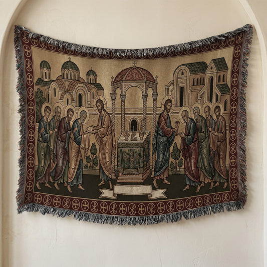 MyDesigns Gold Communion of Apostles Horizontal Tapestry - Byzantine Icon jacquard woven blanket