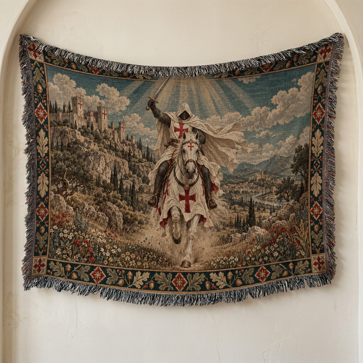 CalmNestStyle The Templar Charge Knight on a White Horse jacquard woven blanket