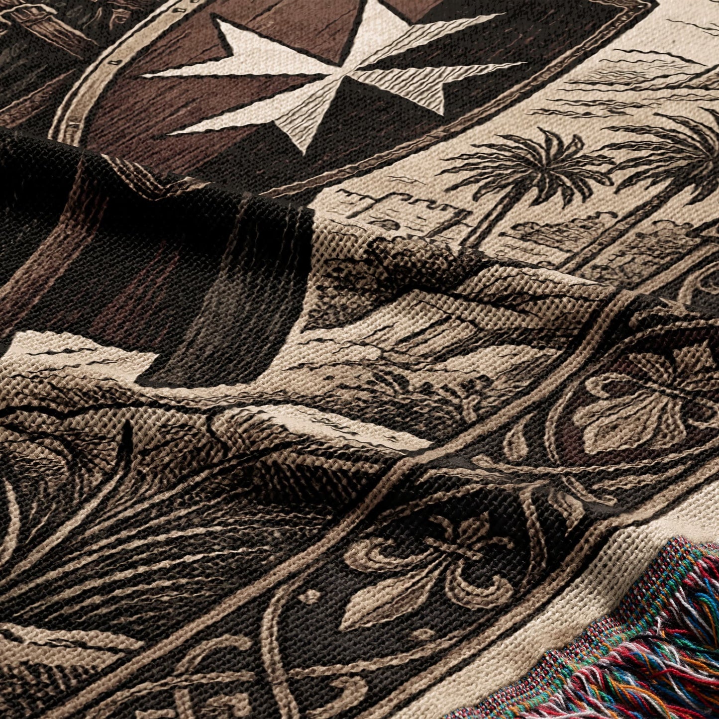Tapestry with ornate patterns, palm trees, and a Maltese cross detail.