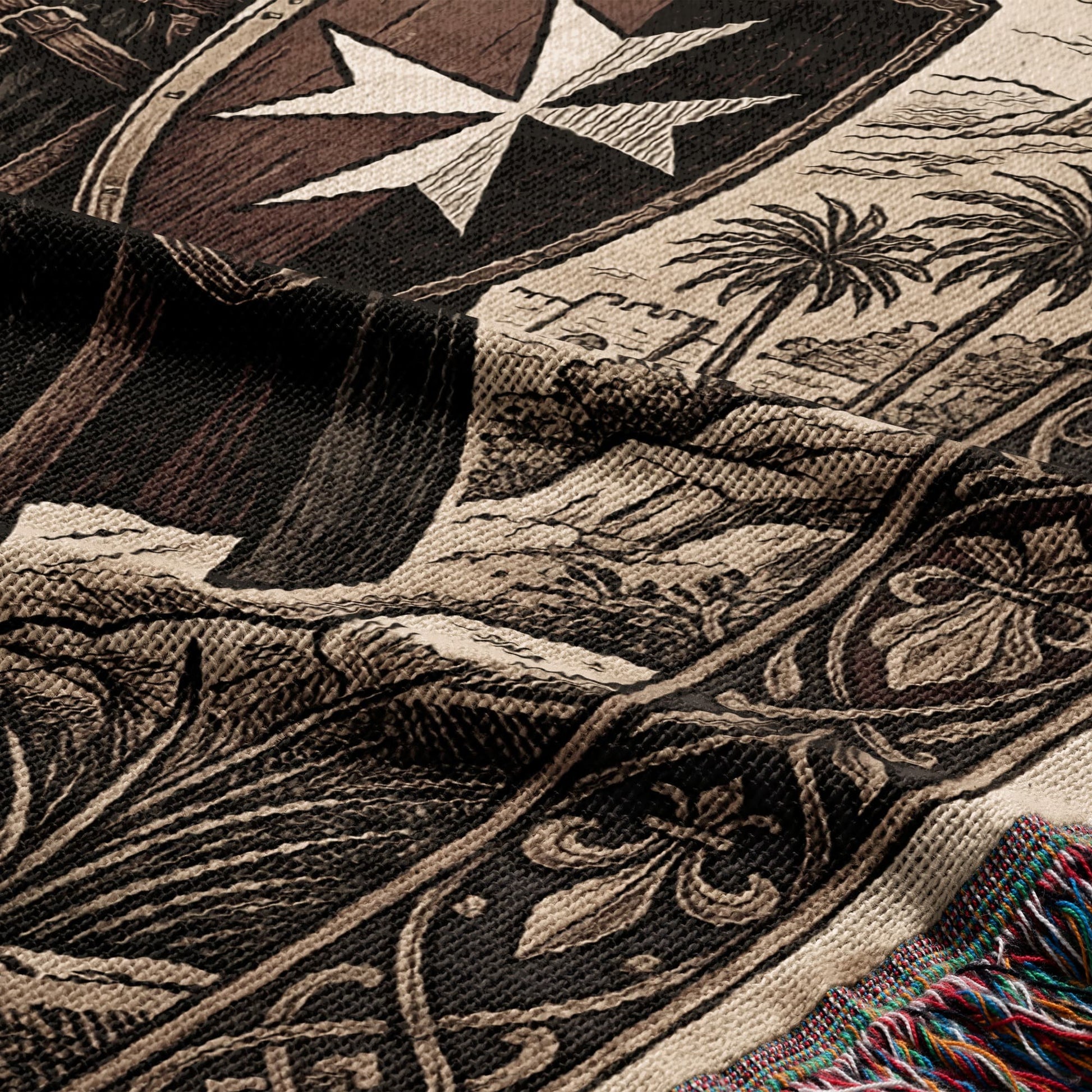 Tapestry with ornate patterns, palm trees, and a Maltese cross detail.