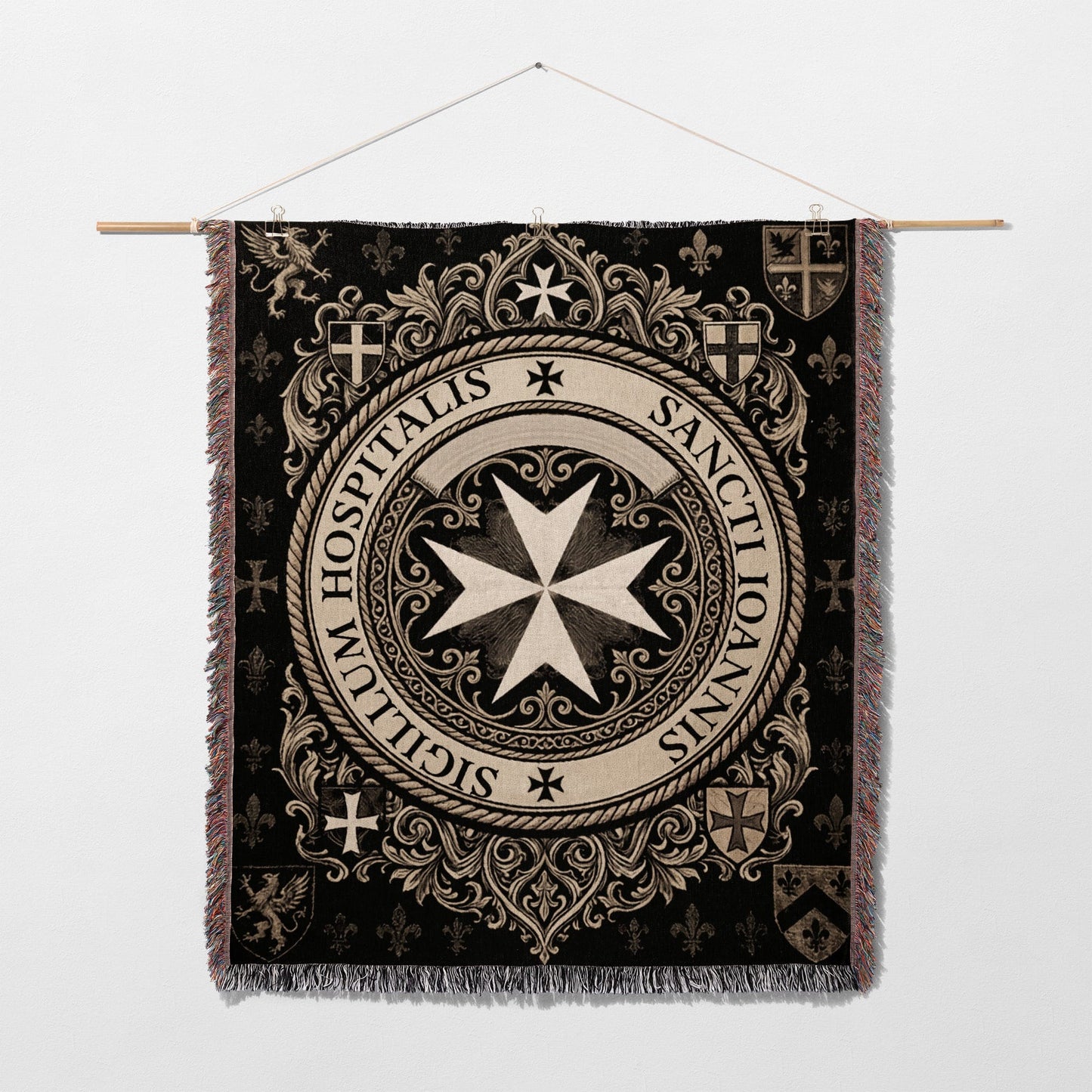 Tapestry with woven Maltese cross and Latin text "Sigillum Hospitalis Sancti Ioannis".