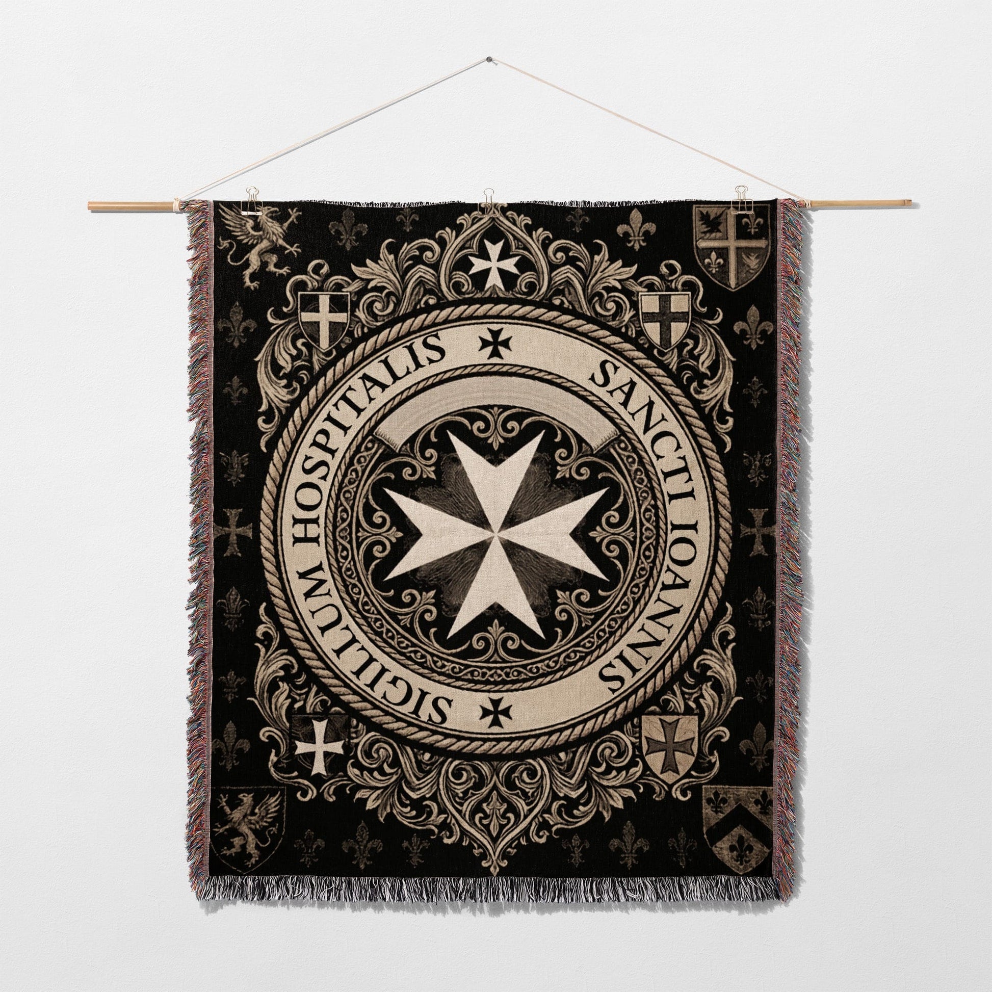 Tapestry with woven Maltese cross and Latin text "Sigillum Hospitalis Sancti Ioannis".